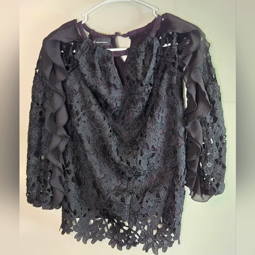 INC Floral Crochet Overlay Ruffle‎ Sleeve Whimsygoth Top, Medium